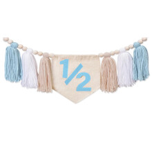Boho Blue 1/2 Birthday Banner for Boys – Handmade Wood Bead & Tassel Garland, High Chair Decor, Photo Props, Compatible with Standard High Chairs