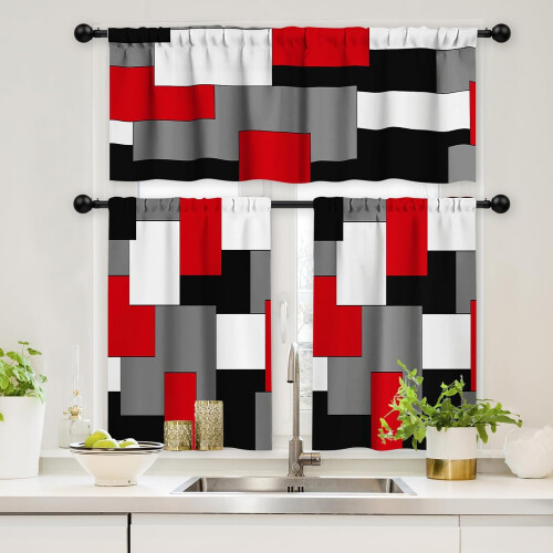 Kitchen Curtains Set Black Red Grey Geometric 3-Pc