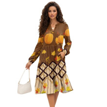 Thanksgiving Pumpkin Women's Waist Dresses with Pockets V Neck Fashion Midi Long Dress Size XL Flowy Cozy Soft Casual Dresses Thanksgiving Dress