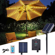 Solar paraplu lichtslinger met 104 LED's en afstandsbediening, 8 standen, USB snelladen, automatisch aan/uit, IP44 waterdicht, voor terras, tent,
