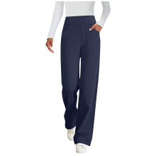 Palazzo-Hose für Damen, hochgeschnitten, weites Bein, dunkelblau, elastischer Bund, Taschen, dehnbar, lässige Loungehose, Größe 2XL