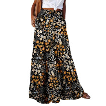 Women's Bohemian Floral Print Elastic Waist High Waist Tie Long Skirt Yellow M