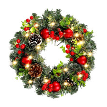 Christmas Wreath with Light for Front Door,7.87 in Christmas Pine Needles Wreath with Berries Pinecone for Home Door Wall Party Christmas Decorations