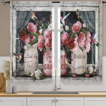 Pink Rose Kitchen Curtains Rod Pocket 2 Panels 27.5x39 in
