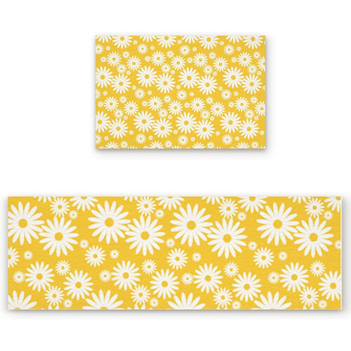 Kitchen Rug Set Daisy Yellow Floral Non-Slip 2 pcs