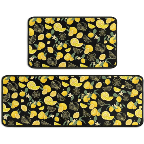 Lemon Kitchen Rug Set Non-Skid Microfiber 17x47+17x30 in