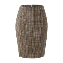 Women's Plaid Wool Midi Skirt High-Waisted Slit Grey