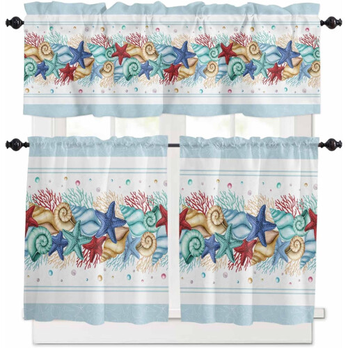 Watercolor Starfish Shell Coral Kitchen Curtains Set