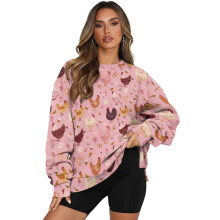 Damenpullover mit Hahn- und Blumenmuster, trendiger Langarm-Pullover mit Rundhalsausschnitt, warmer, lockerer Stoff für den Herbst, mit Tasche,