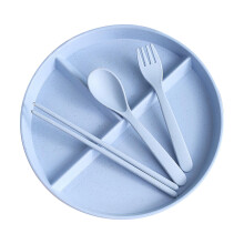 Wheat Straw Dinnerware Set with Chopsticks, Spoon & Fork – Lightweight Reusable Divided Plate for Kitchen, Camping, Parties – Blue