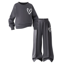 Girls Heart Print Sweatsuit Set 2-Piece Outfit Dark Gray Cotton Top & Wide Leg Pants Play Clothes Sizes 2T-7,Size 6-7 T