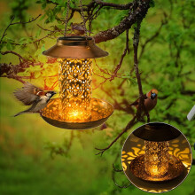 Solar-Powered Decorative Bird Feeder with Light, Metal