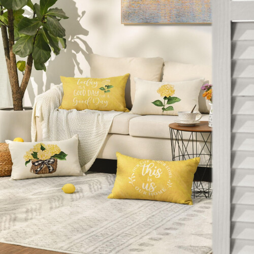 Conjunto de 4 capas de almofada decorativas com estampa de hortênsias amarelas, 30x50 cm (12x20 polegadas). 1