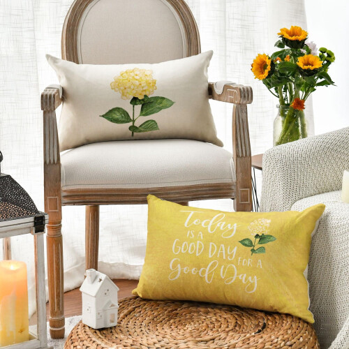 Conjunto de 4 capas de almofada decorativas com estampa de hortênsias amarelas, 30x50 cm (12x20 polegadas). 2