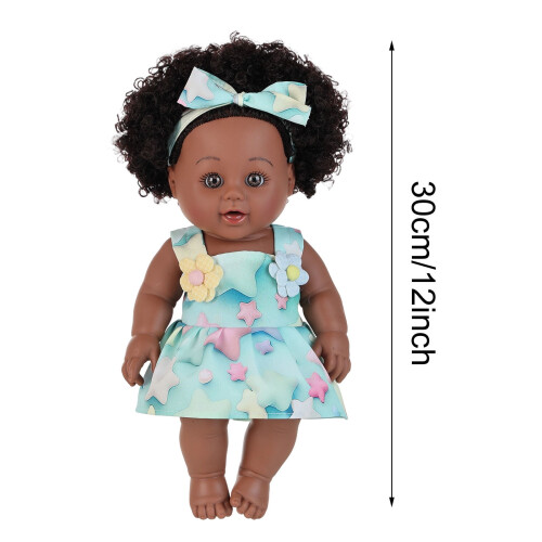 Sort babydukke med krøllet hår 30 cm 2