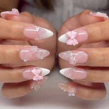 24 Pcs Almond Shape Artificial Nails Flowers Stick on Nails 3D Bows False Nails White French Tip Press On Nails
