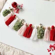 1 Pcs Boho Woolen Tassels Garland with Wood Beads Pink Red White Style Girls Nursery Decor for Home Room Bedroom
