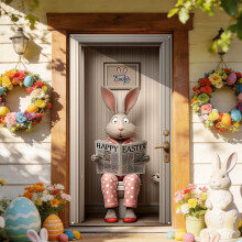 Funny Easter Bunny Door Cover – Pink Rabbit Reading "Happy Easter" Newspaper, 35x71", Indoor/Outdoor Decor