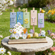 Rustic Easter Bunny Wooden Table Decor, Spring Farmhouse Rabbit Tiered Tray Sign – Compatible with Home, Office, Mantel, Entryway
