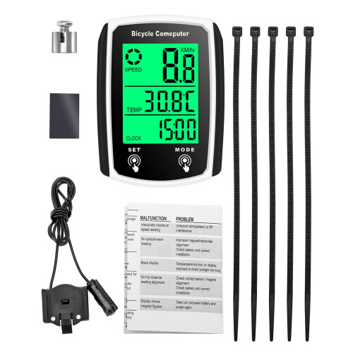 Bedrade fietscomputer met touchscreen, snelheidsmeter en kilometerteller, 19 functies. 1
