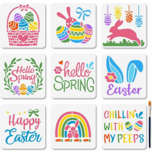 9-Piece Reusable Easter Bunny Stencils (5.9") for Eggs, Windows, Wood, Walls – Includes Brush, DIY Craft & Gift Decoration