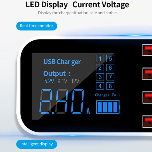 LED-display Billaddare Typ-C QC3.0 8-portar 2