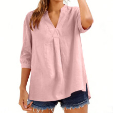 Women's Linen Blend Blouse V-Neck 3/4 Sleeve Relaxed Fit