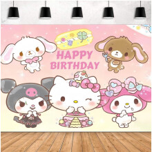 Faixa de aniversário com desenho animado da Sanrio para festa infantil.