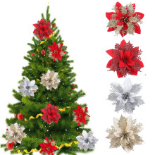 Christmas Glitter Poinsettia Faux Flowers 12 pcs