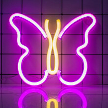 Enseigne lumineuse néon papillon LED rose et jaune à batterie USB