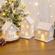 Lighted Wooden Snow Village for Christmas Tabletop Decor - Houses With LED, 3.3 in Winter Accessories Set, White Xmas Figurines for Home Office