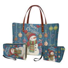 Christmas Snowman Tote Bag Set with Waterproof Cosmetic Pouch, PU Leather Satchel, Card Holder Wallet – Compatible with Women
