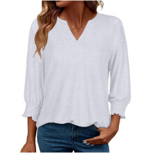 Womens Casual Blouse Puff Sleeve V-Neck Relaxed Fit Top 3/4 Sleeve with Ruffle Cuff White,Size S