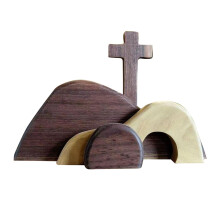 Handcrafted Wooden Empty Tomb Easter Decor Set with Cross & Christ Statue – Compatible with Home/Office Desktop