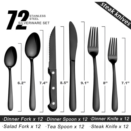 Black Stainless Steel Flatware Set 72-Piece
