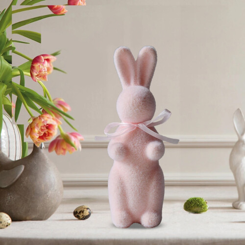 Flocked Easter Bunny Figurine Bow Tie Spring Ornament