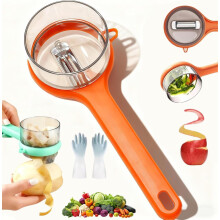 Descascador de frutas com recipiente integrado, dupla face em aço inoxidável.