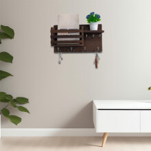Wooden Wall-Mounted Key and Mail Holder with Hooks