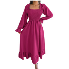 Women's square neck lantern sleeve ruffle A-line maxi dress