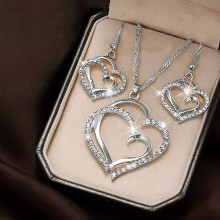 Peach Heart Jewelry Set Silver Necklace and Earrings