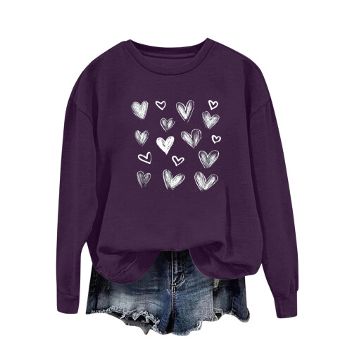 Damen-Sweatshirt mit Herzmuster, Lila, Oversize, Größe M