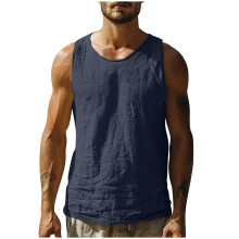 Men's Cotton-Linen Tank Top Summer Sleeveless Crewneck Tee