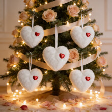 Valentine's Day Fuzzy Heart Plush Ornament Set 5 pcs white