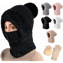 Damen-Strickmütze mit Kapuzenschal und Handschuhen (Set)