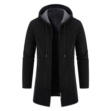 Men's Fleece-Lined Hooded Knit Trench Coat Black L