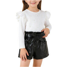Girls 2-Piece Outfit Set White Ruffle Top and Faux Leather