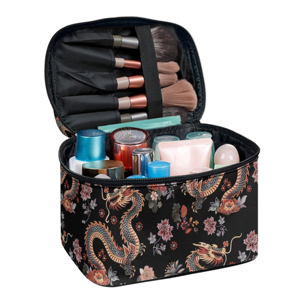 Cosmetic Organizer Bag with Dragon and Floral Pattern Large