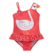 Rood zwempak met zwanenprint voor meisjes van peuterleeftijd tot 18 jaar.