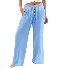 Women's Cotton-Linen Wide Leg Pants Elastic Waist Light