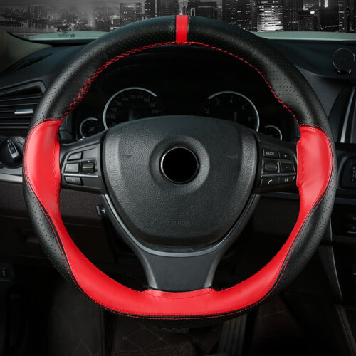 Hand-sewn leather steering wheel cover coffee 38cm 1